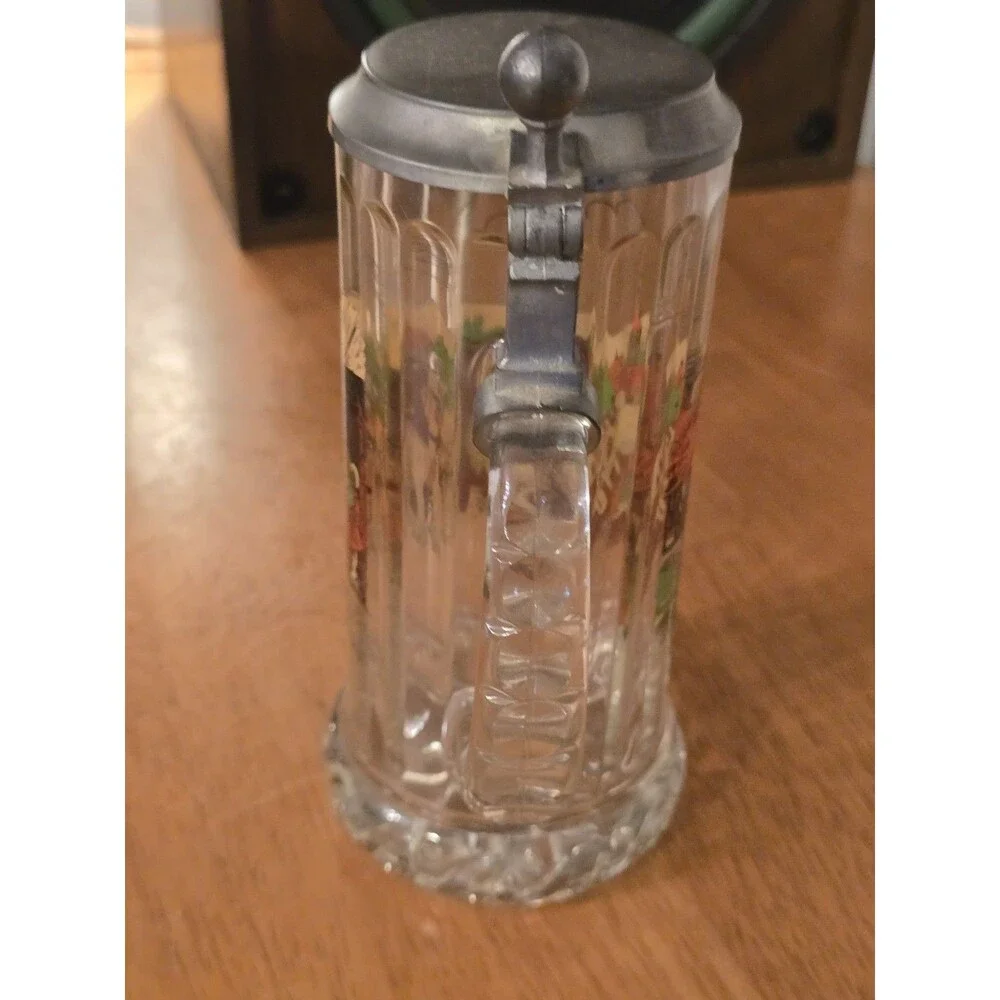 ​Vintage Rastal German Glass Beer Stein Pewter Lid Horse Drawn Carriage Village